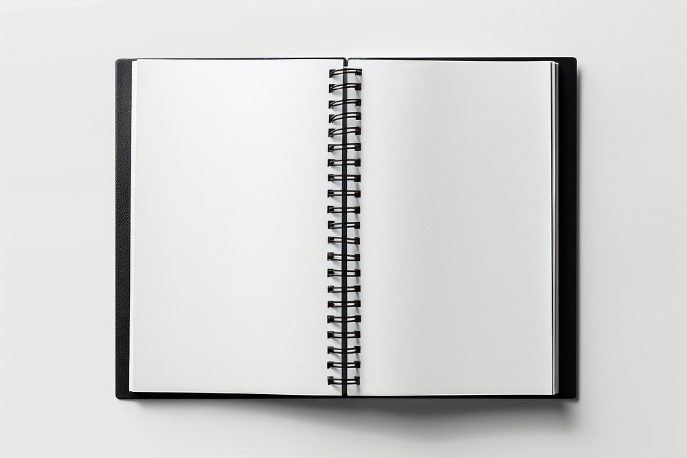 Open spiral bound notepad white paper publication diary black.