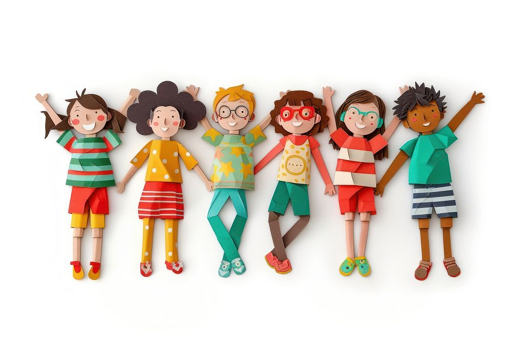 Diverse happy kids lying child doll toy.
