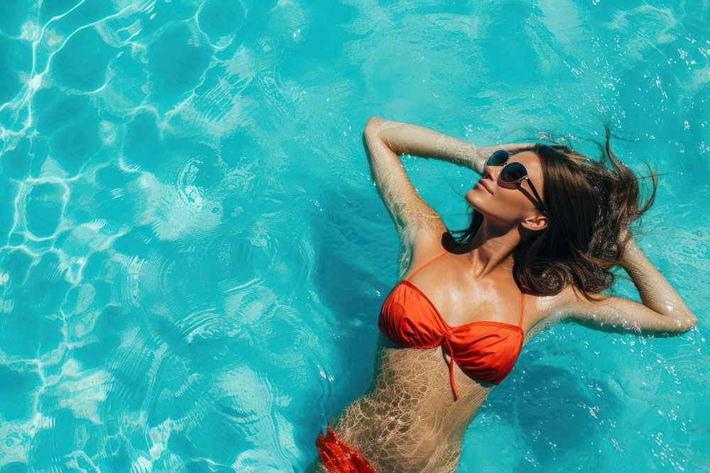 Woman wearing red lying on the back in the blue sea water summer sunglasses sunbathing.