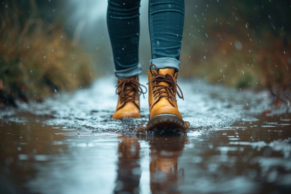 Woman in tourist waterproof hiking boots walking on water in puddles in the rain footwear shoe reflection.