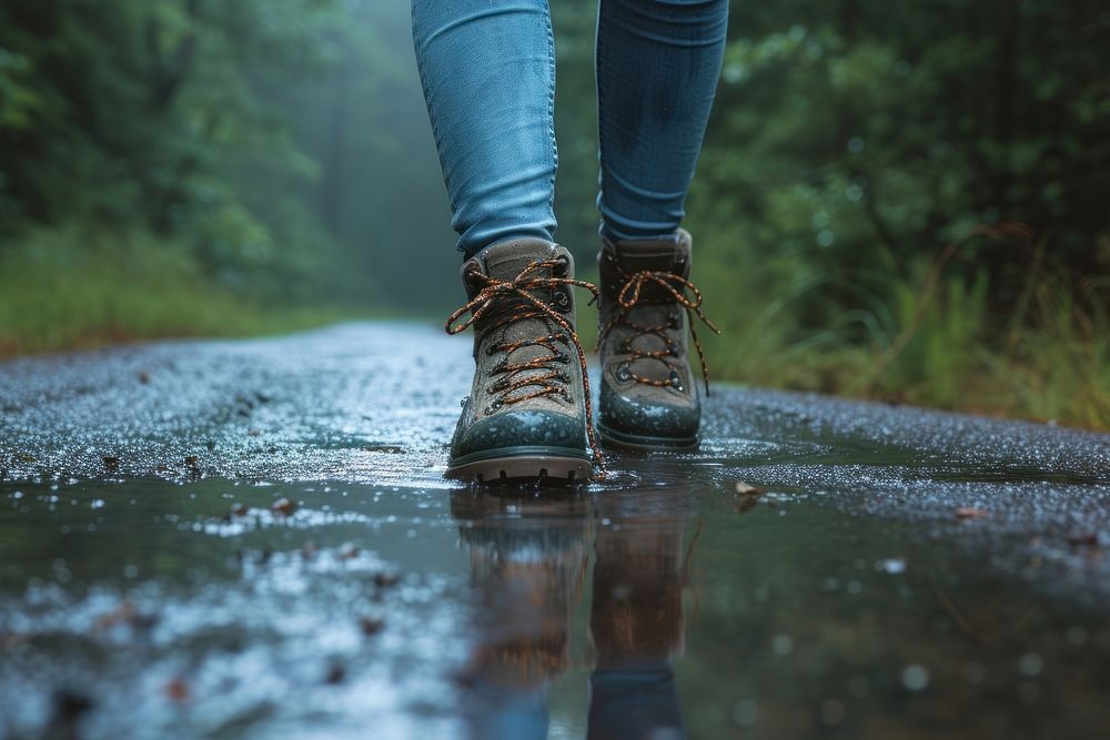 Woman in tourist waterproof hiking boots walking on water in puddles in the rain footwear shoe outdoors.
