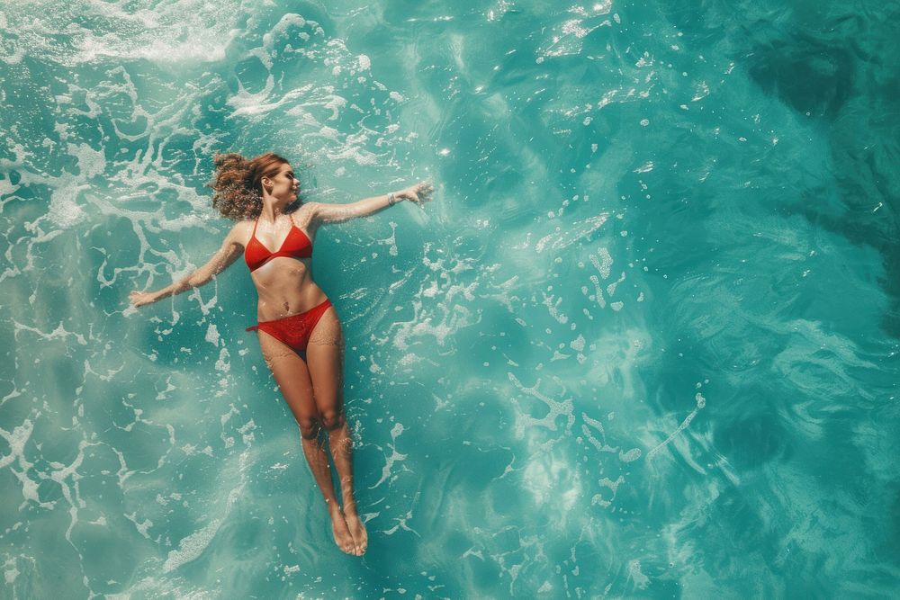 Woman lying on the back in the blue sea water summer swimming portrait.