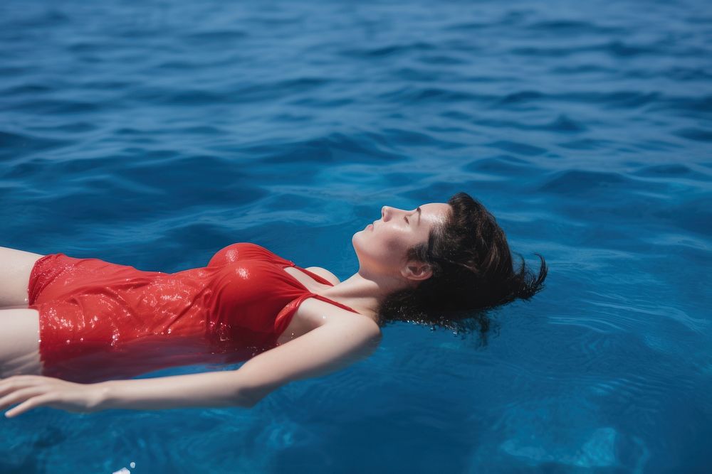 Woman lying on the back in the blue sea water swimming swimwear portrait.