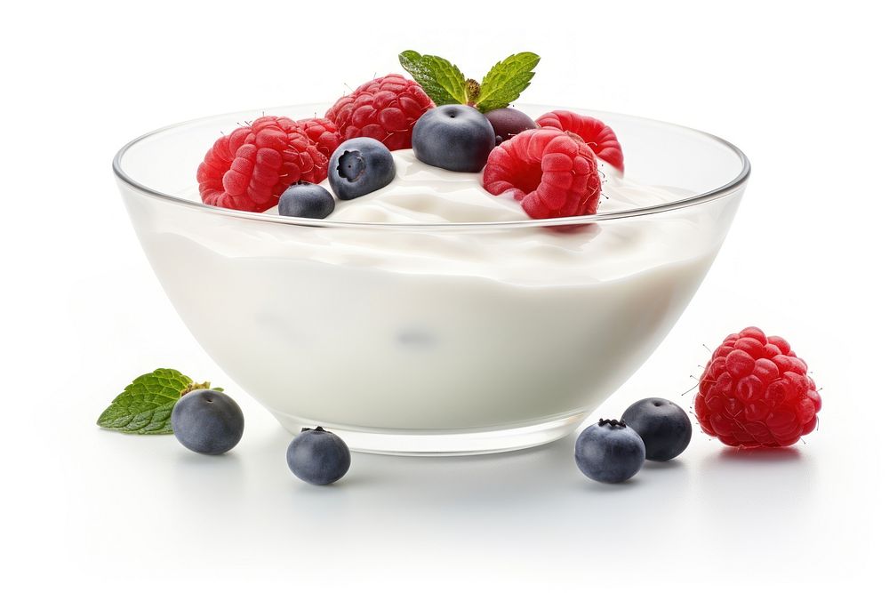 Yogurt in bowl blueberry raspberry dessert.