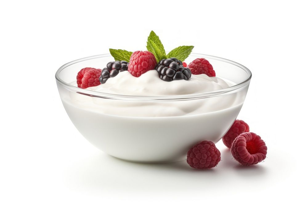 Yogurt in bowl raspberry dessert fruit.