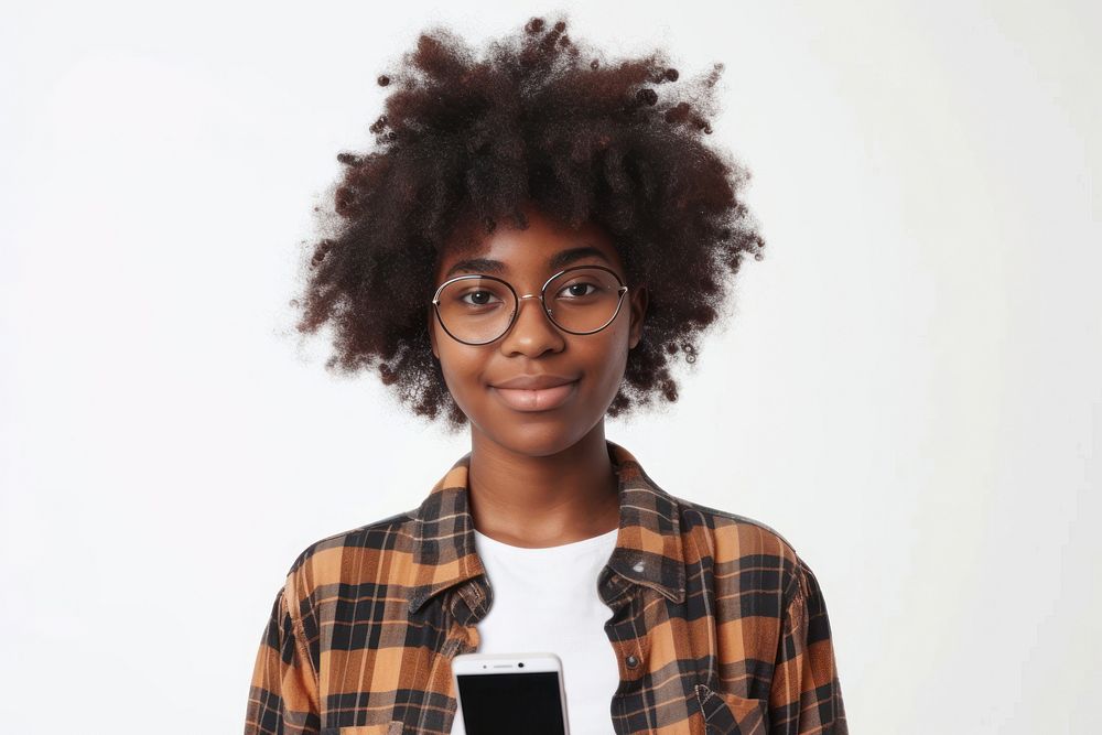 Young african american girl using phone portrait glasses photo.