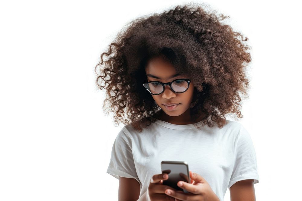 Young african american girl using phone glasses adult photo.