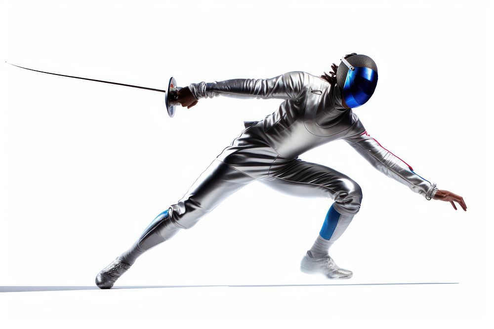 Male athlete is with fencing foil practicing sports clothing helmet.