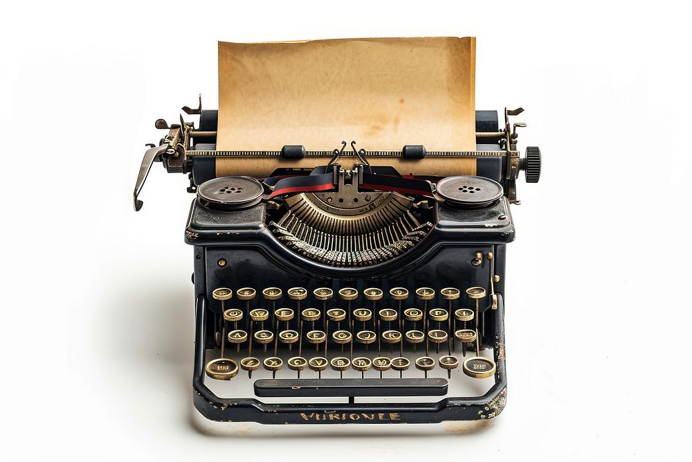 A retro black typewriter with an empty page text white background correspondence.