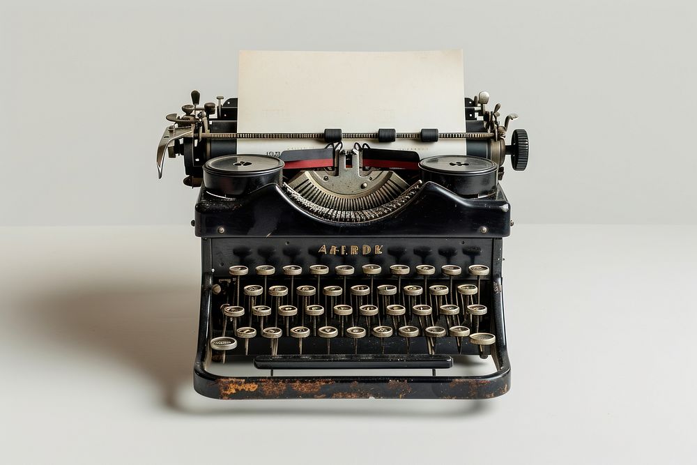 A retro black typewriter with an empty page correspondence electronics technology.