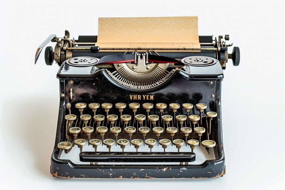 A retro black typewriter with an empty page text white background correspondence.