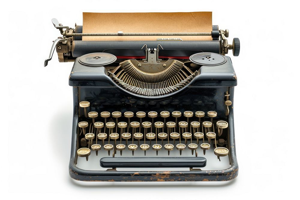 A retro black typewriter with an empty page white background correspondence electronics.