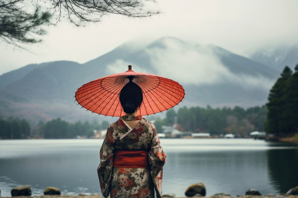 Japanese traditional kimono lake mountain.