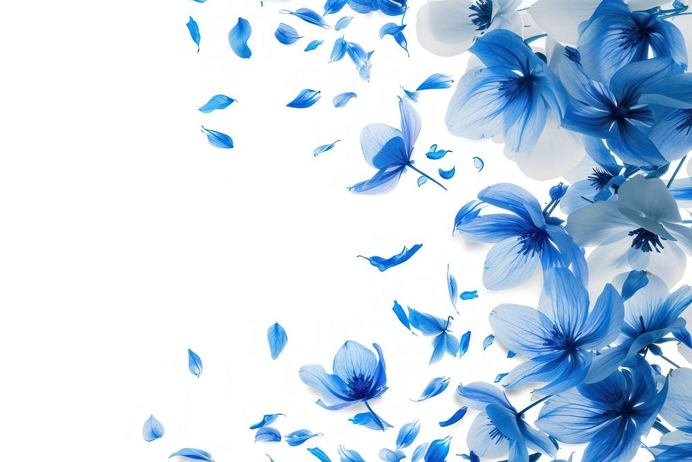 Floral overlay with flying blue flowers petal backgrounds pattern.