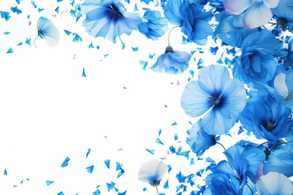 Floral overlay with flying blue flowers petal backgrounds nature.