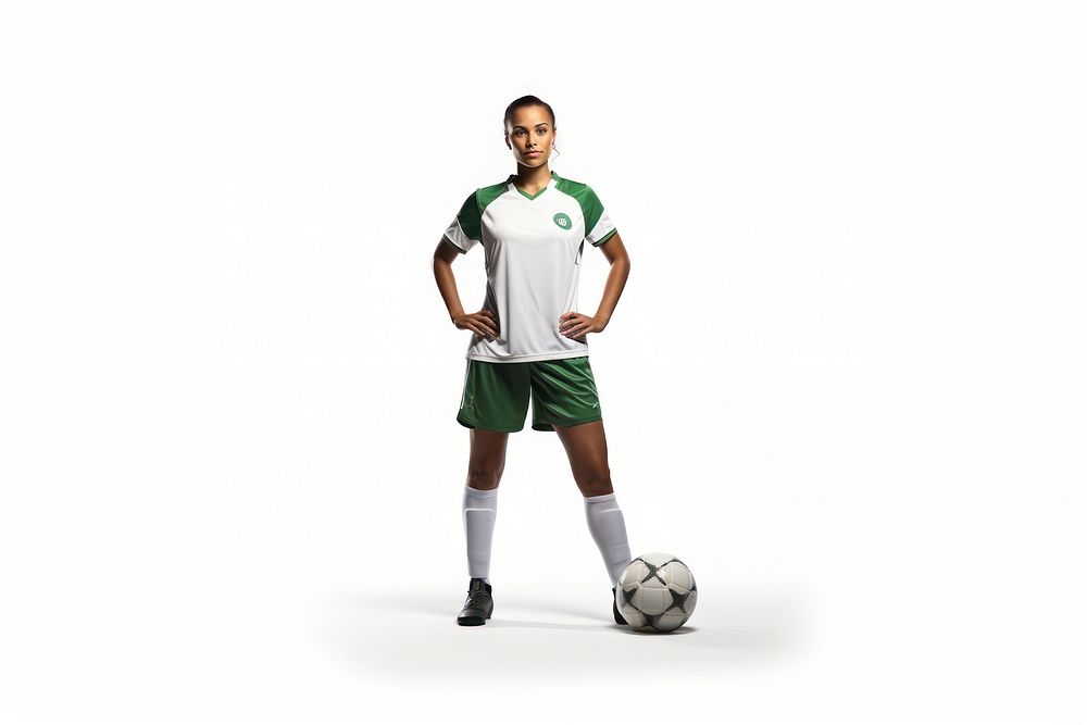 Female soccer player standing with ball football sports white background.