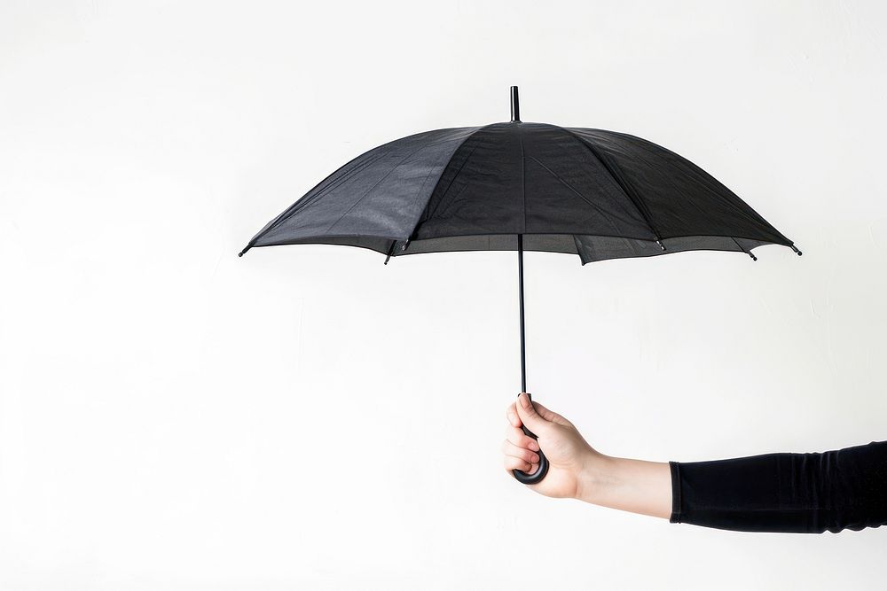 Hand holding black color umbrella white background protection sheltering.
