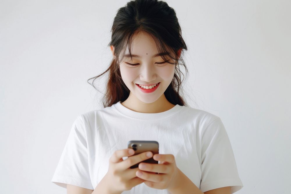 Happy young asian girl using phone smile adult white.