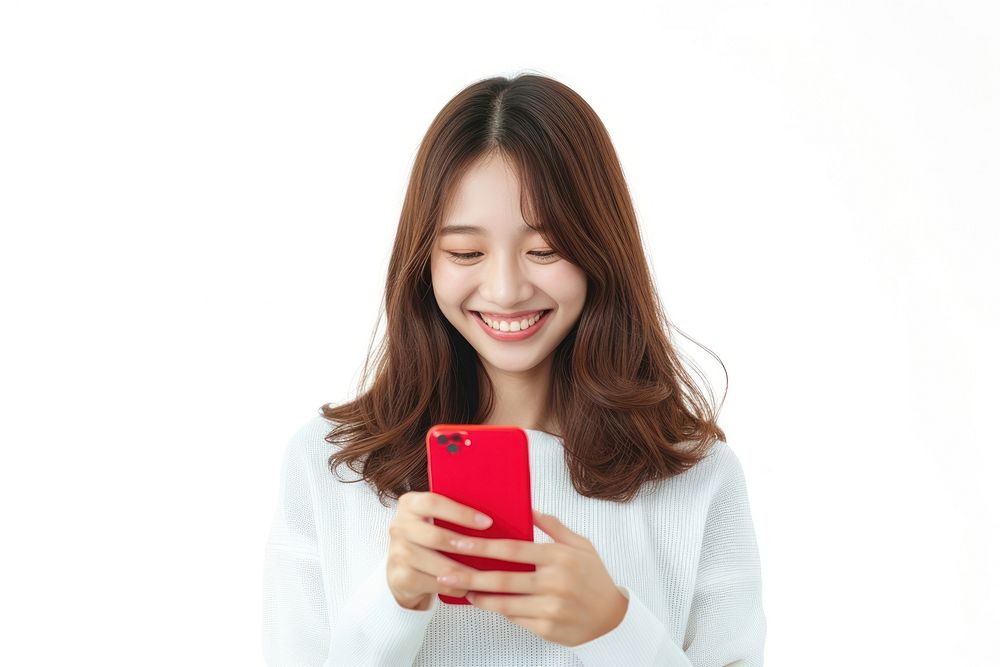 Happy young asian girl using phone adult smile photo.