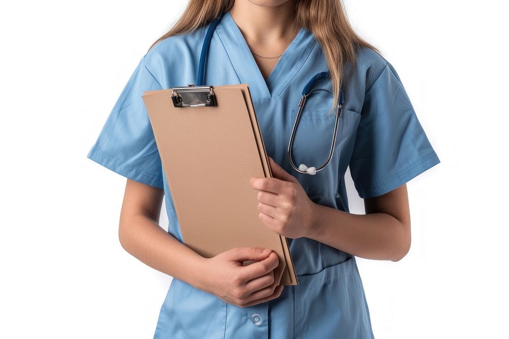 Nurse holding clipboard white background stethoscope midsection.