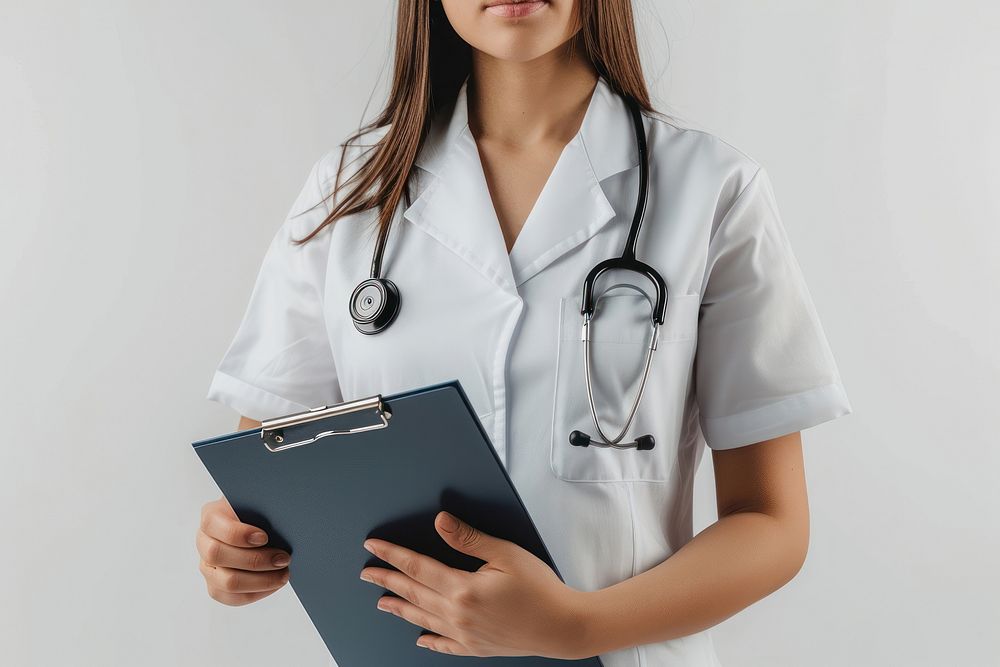 Nurse holding clipboard stethoscope adult physician.