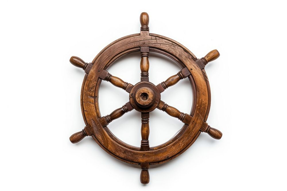 Old ship wooden steering wheel rudder vehicle white background transportation.