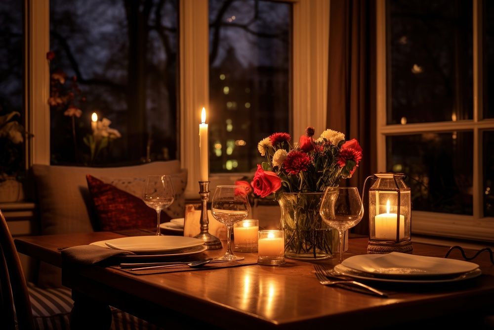 Candlelit dinner table architecture furniture window.