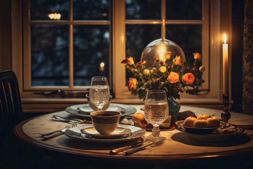 Candlelit dinner table furniture window food.