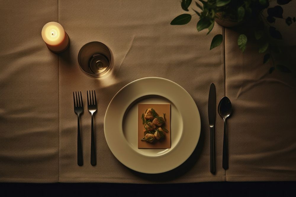 Candlelit dinner plate table fork.