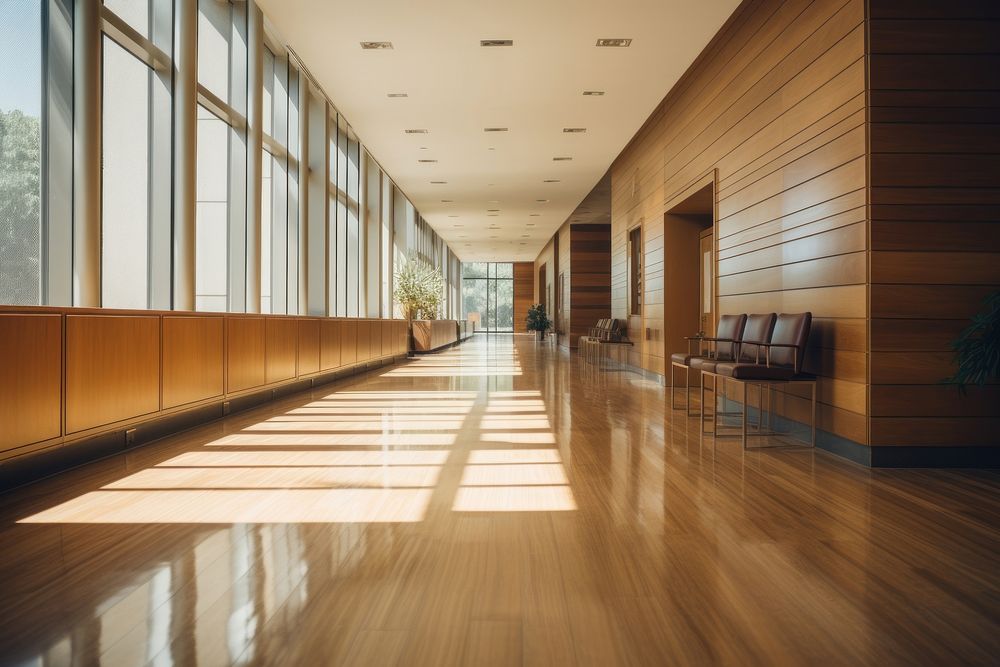 Modern office hallway wood architecture flooring.