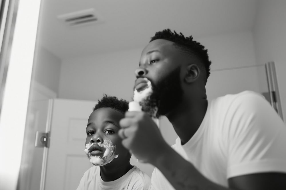 African American father and son shaving photography portrait adult.