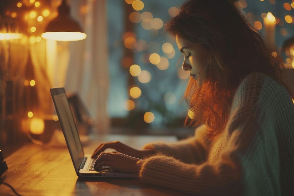 Woman behind desk typing on laptop computer portrait light.