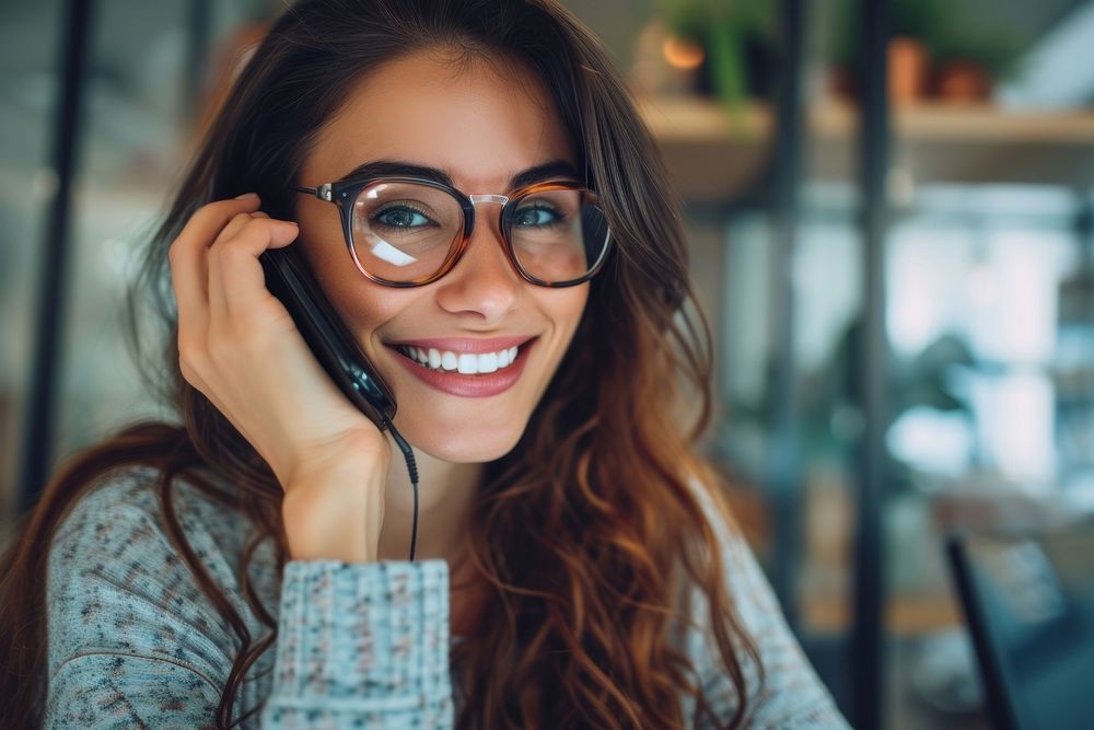 Woman conversation over the phone glasses smile adult.