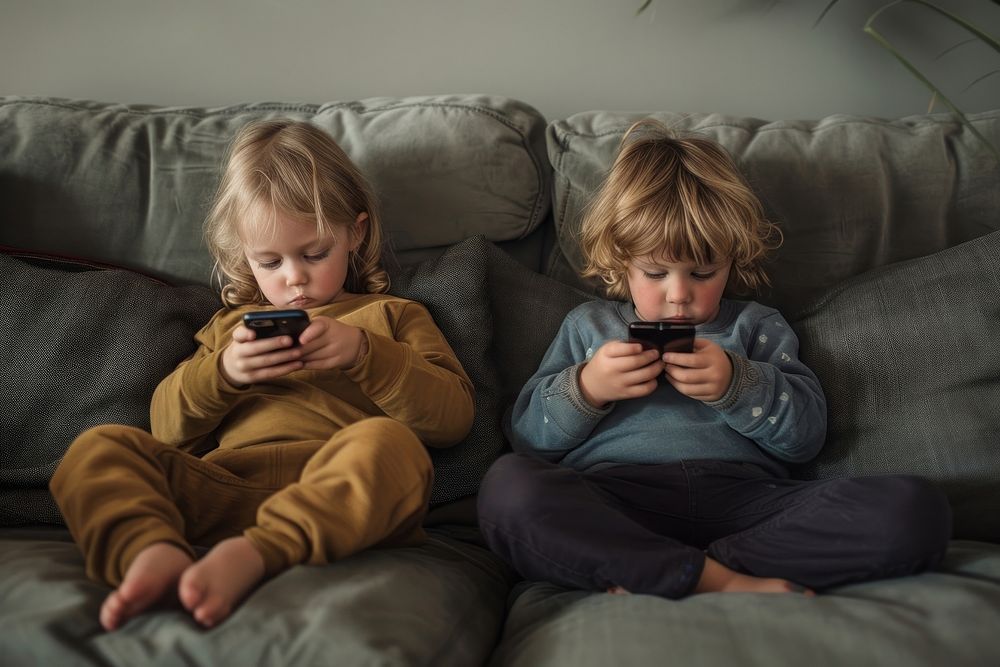 Children using their cell phones on the couch photography portrait togetherness.