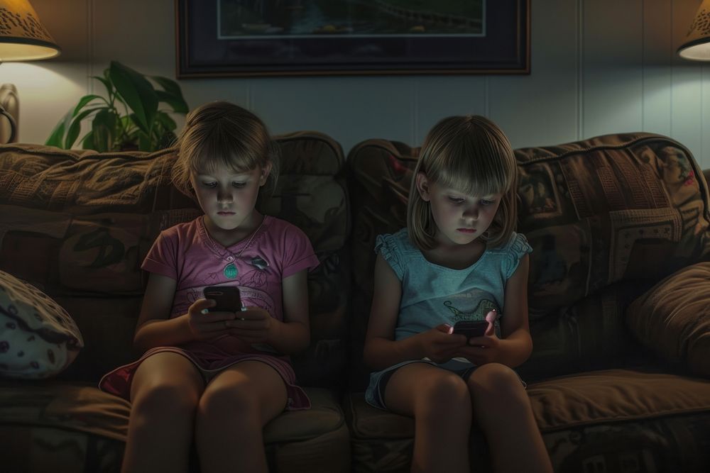 Children using their cell phones on the couch photography furniture togetherness.