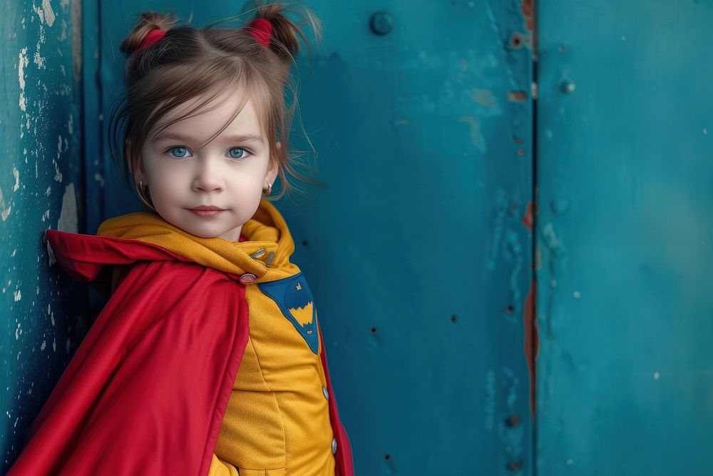 Small child in a superhero costume and coat photography portrait architecture.