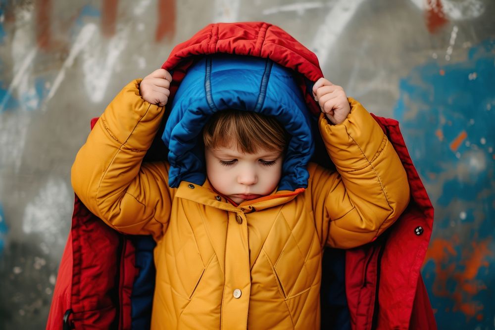 Small child in a superhero costume and coat photography jacket hood.