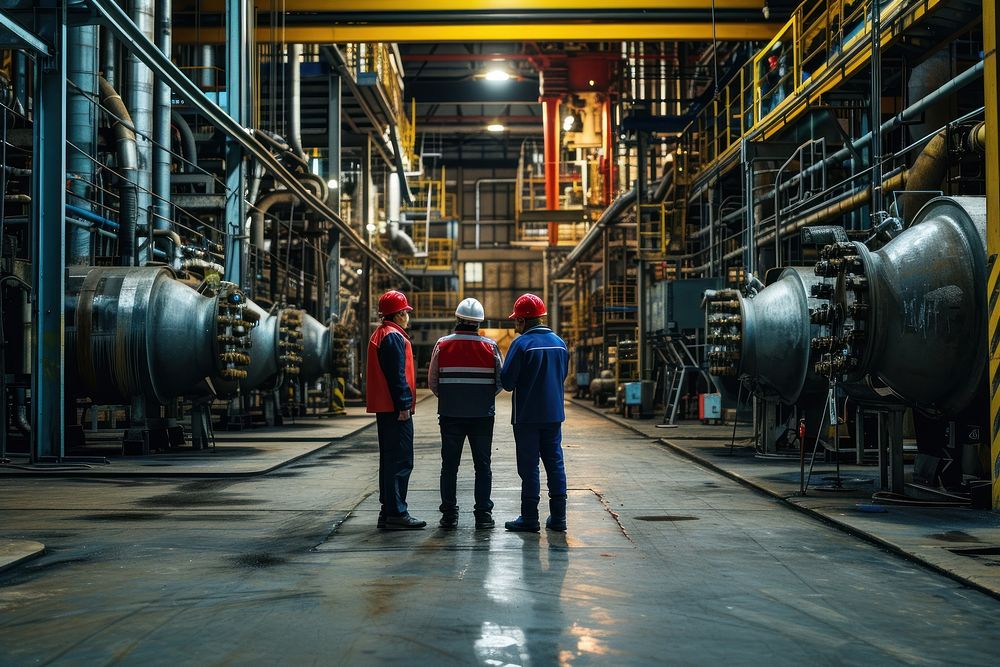 Three workers are standing in an industrial plant architecture factory manufacturing.