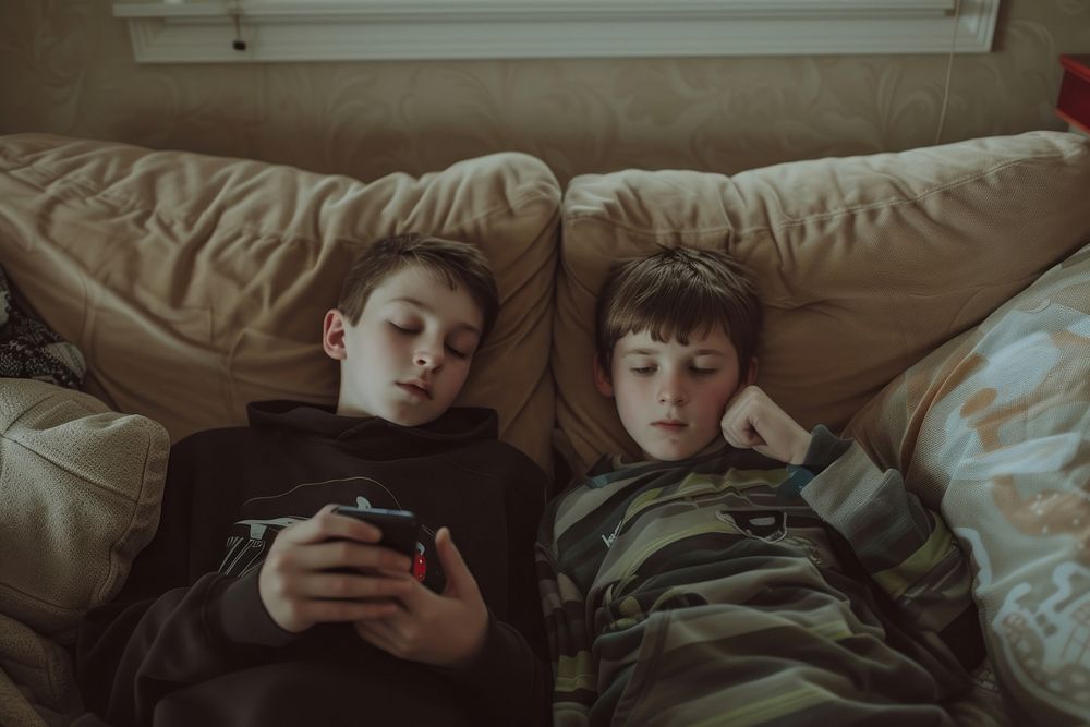Two boys are laying on a couch with their phone furniture child togetherness.