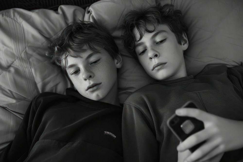 Two boys are laying on a couch with their phone photography furniture sleeping.