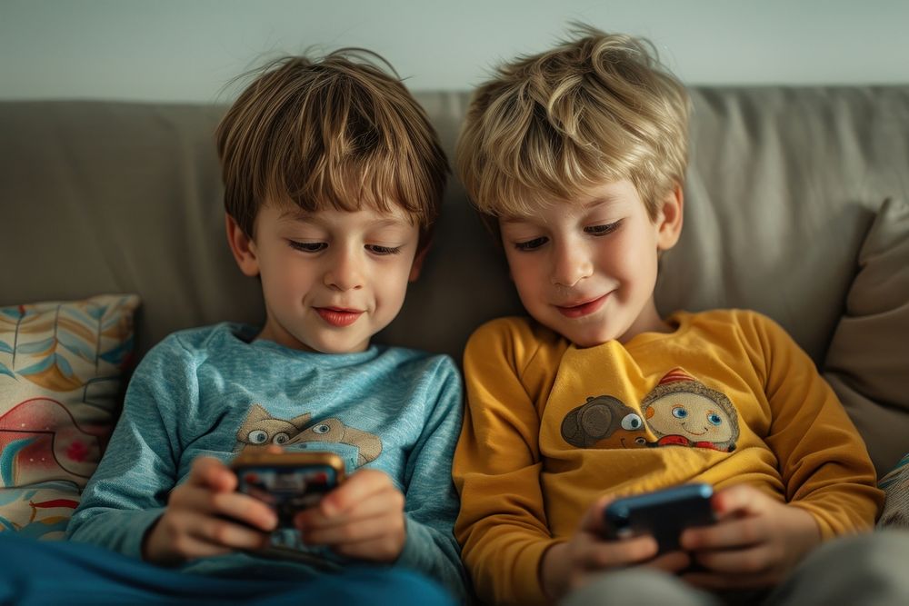 Two boys playing on mobile device photography portrait child.
