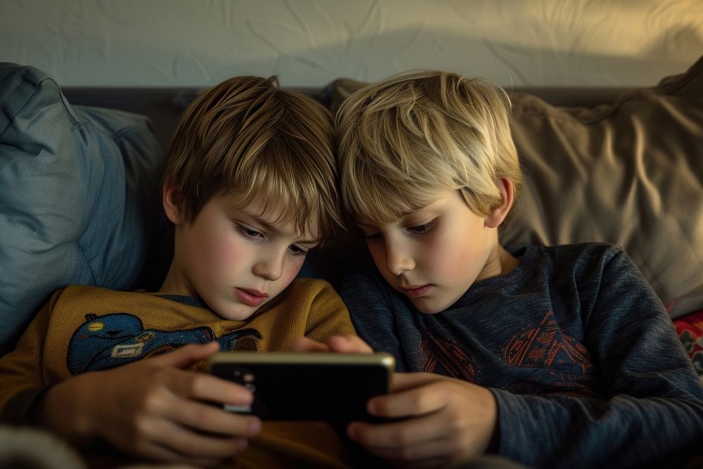 Two boys playing on mobile device photography child togetherness.