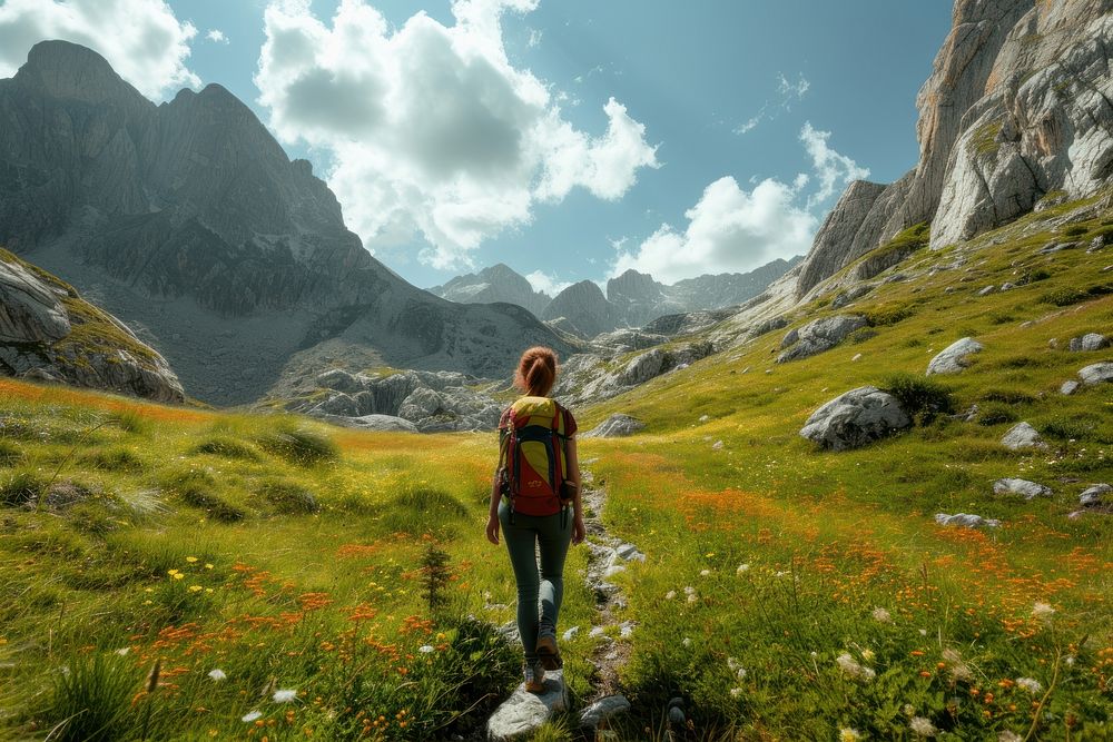 Woman hiking in the mountains adventure backpacking photography.