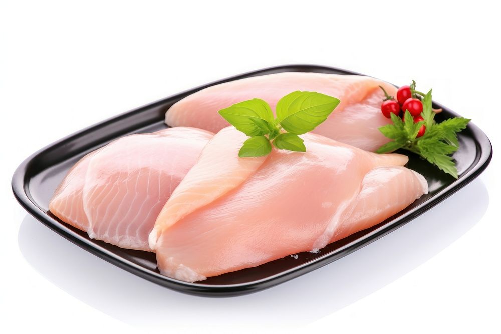 Raw chicken fillets seafood meat white background.