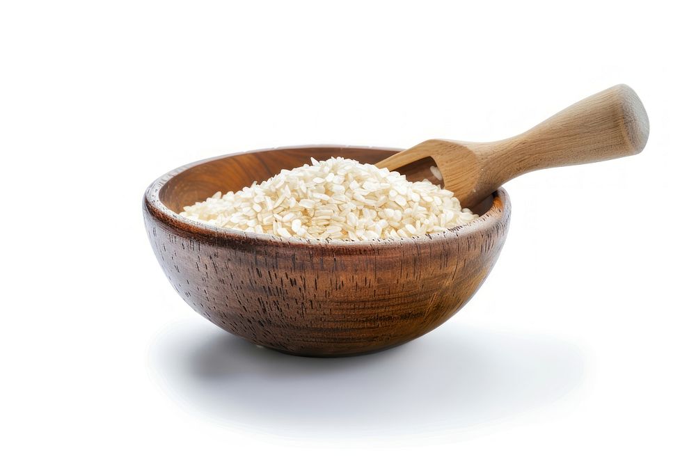 White granular in bowl food rice white background.