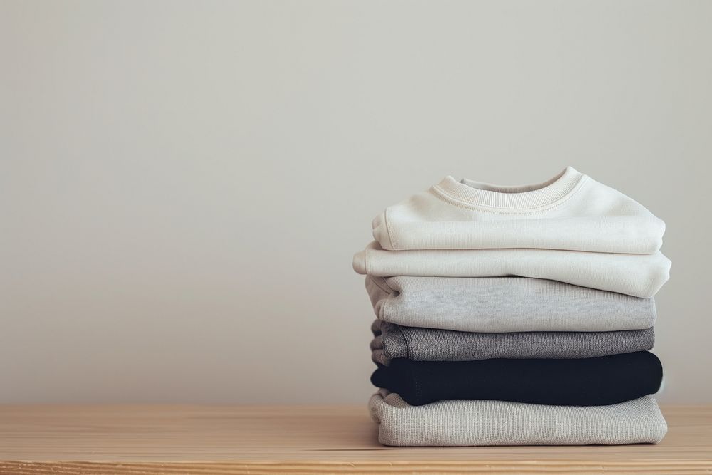 A stack of sweatshirts on a table white coathanger textile.