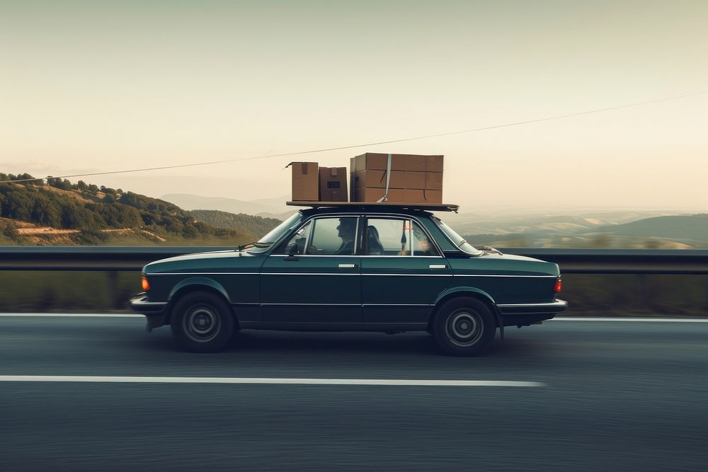 An dark green car with boxes on the roof driving down a road vehicle transportation architecture.