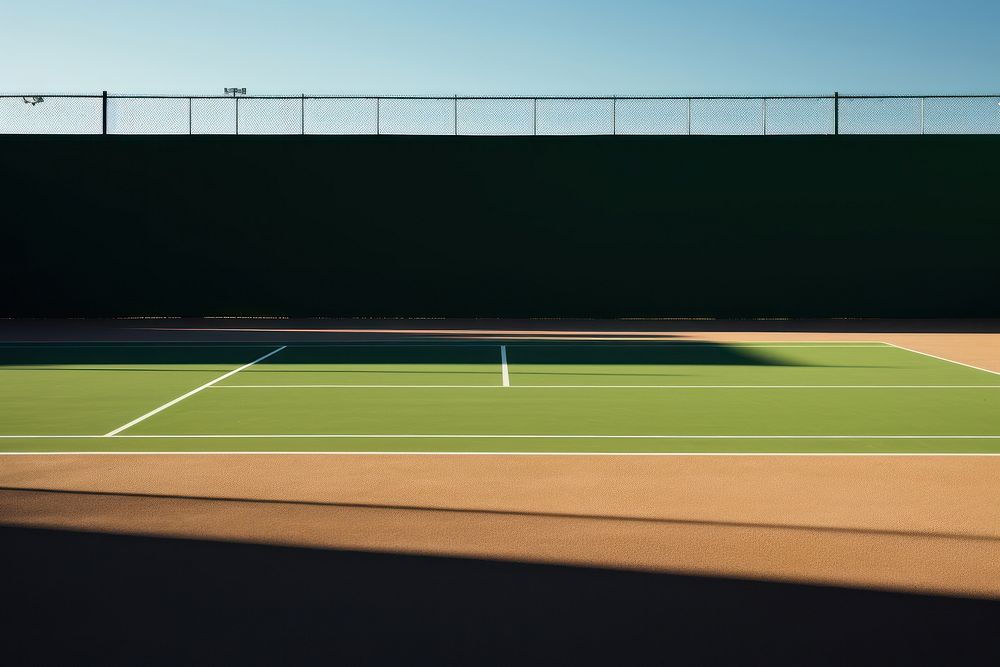A tennis court in the morning dawn outdoors sports ball.