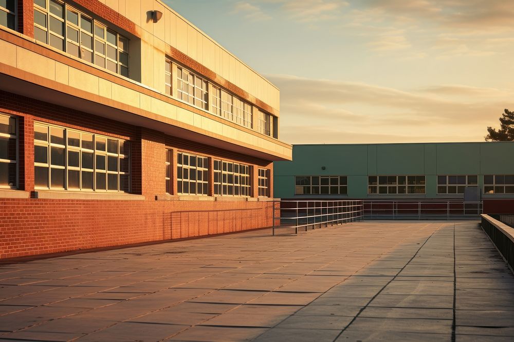 Large building wall at school in morning dawn architecture outdoors city.