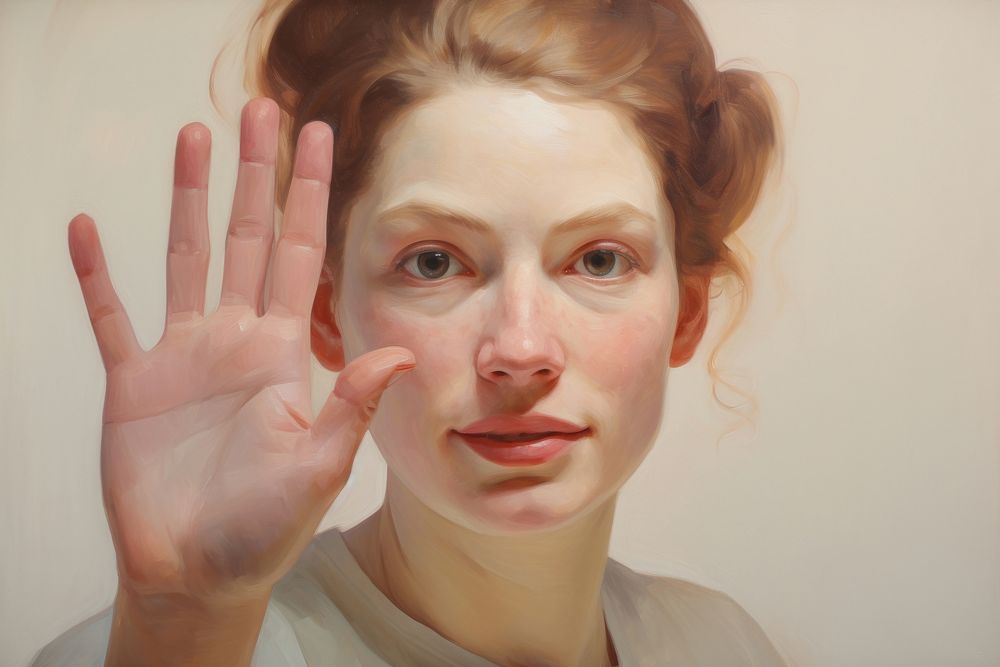 Close up on pale Person waving painting portrait finger.